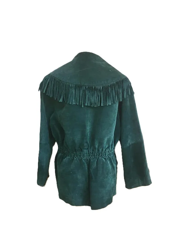 Western Fringe Green Suede Leather Long Jacket for Women WFJ406