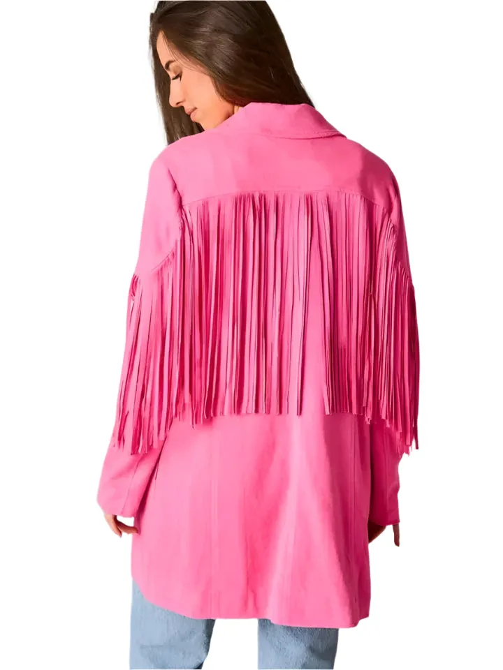 Western Fringe Pink Leather Long Jacket for Women WFJ912