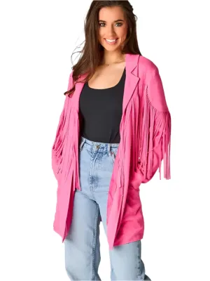 Western Fringe Pink Leather Long Jacket for Women WFJ912