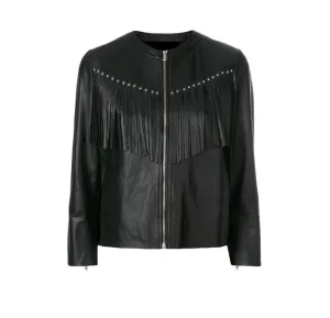 Western Fringe Stud Black Leather Jacket for Women Cowgirl WFJ749