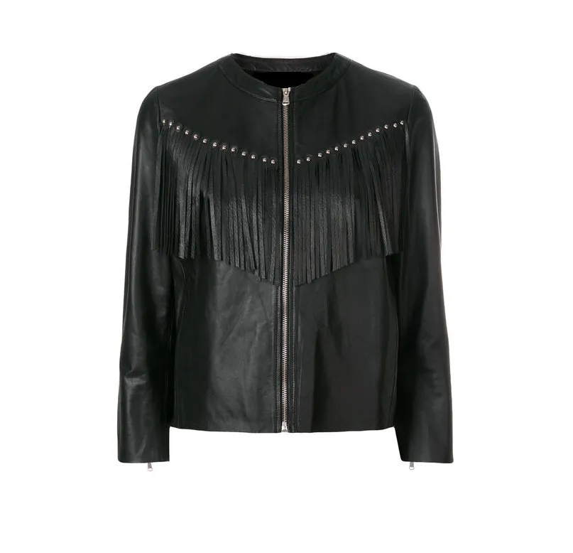 Western Fringe Stud Black Leather Jacket for Women Cowgirl WFJ749