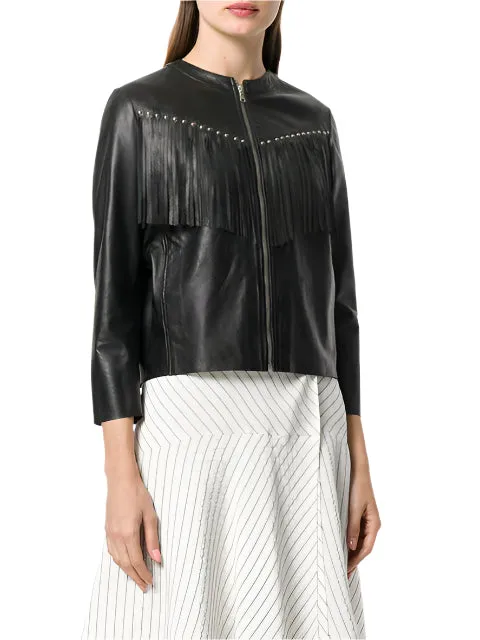 Western Fringe Stud Black Leather Jacket for Women Cowgirl WFJ749