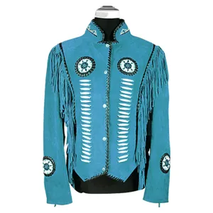 Western Fringe Turquoise Suede Leather Beaded Jacket for Women WFJ101