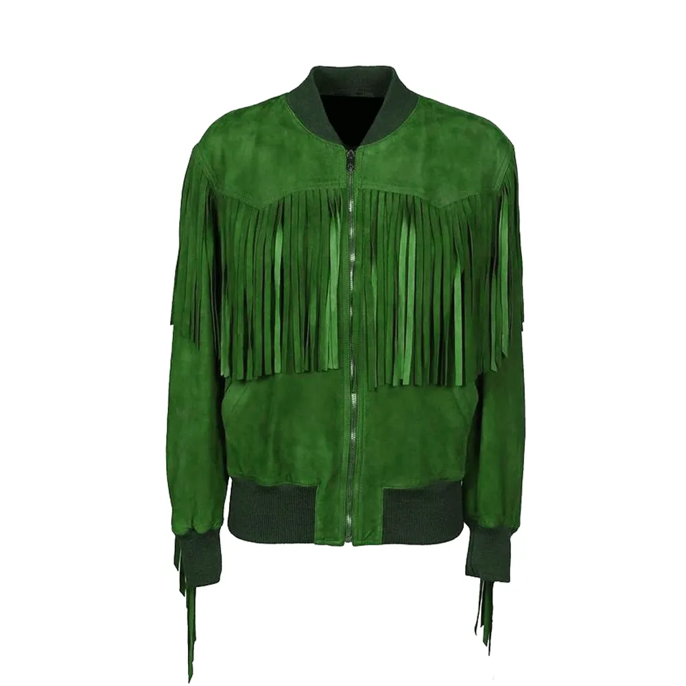 Western Green Suede Leather Fringe Jacket for Men MWJ627