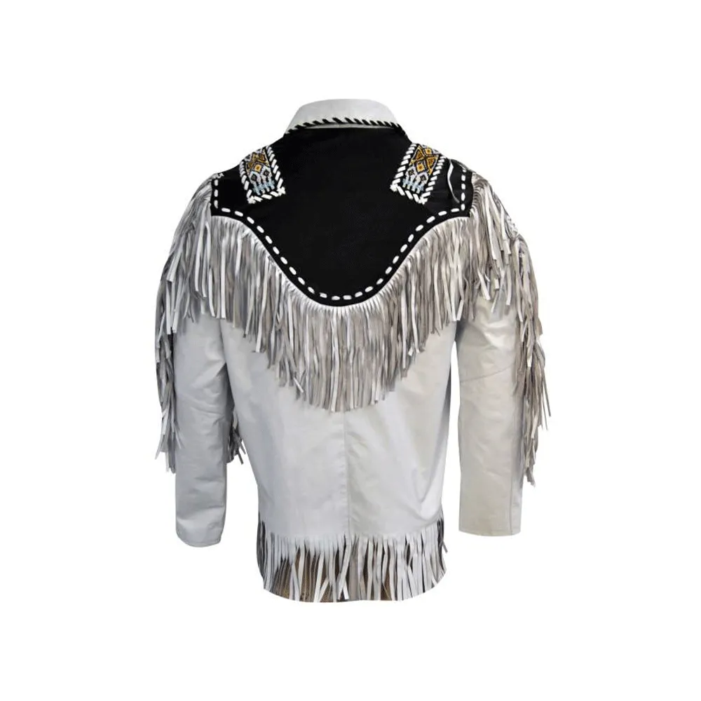 Western White Leather Fringe Beaded Jacket for Men MWJ317