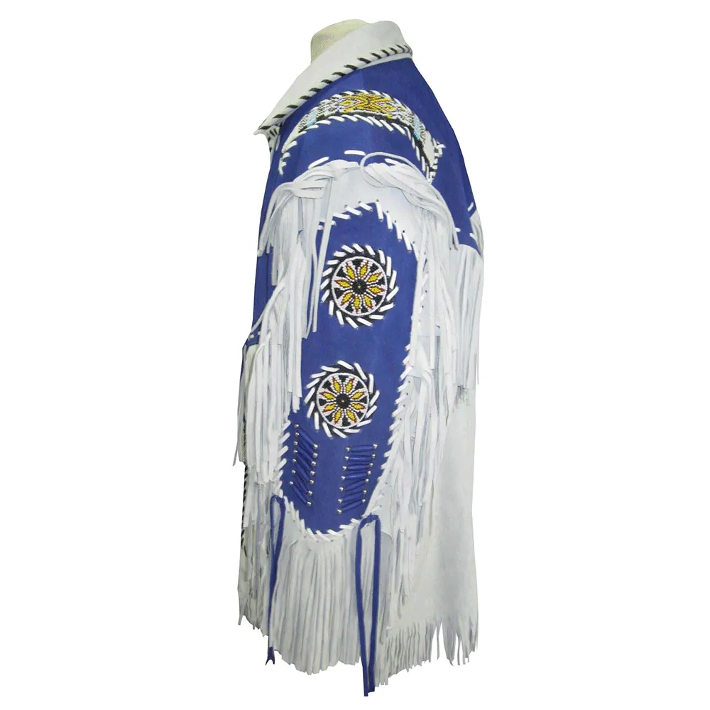 Western White Leather Fringe Beaded Jacket for Men MWJ458