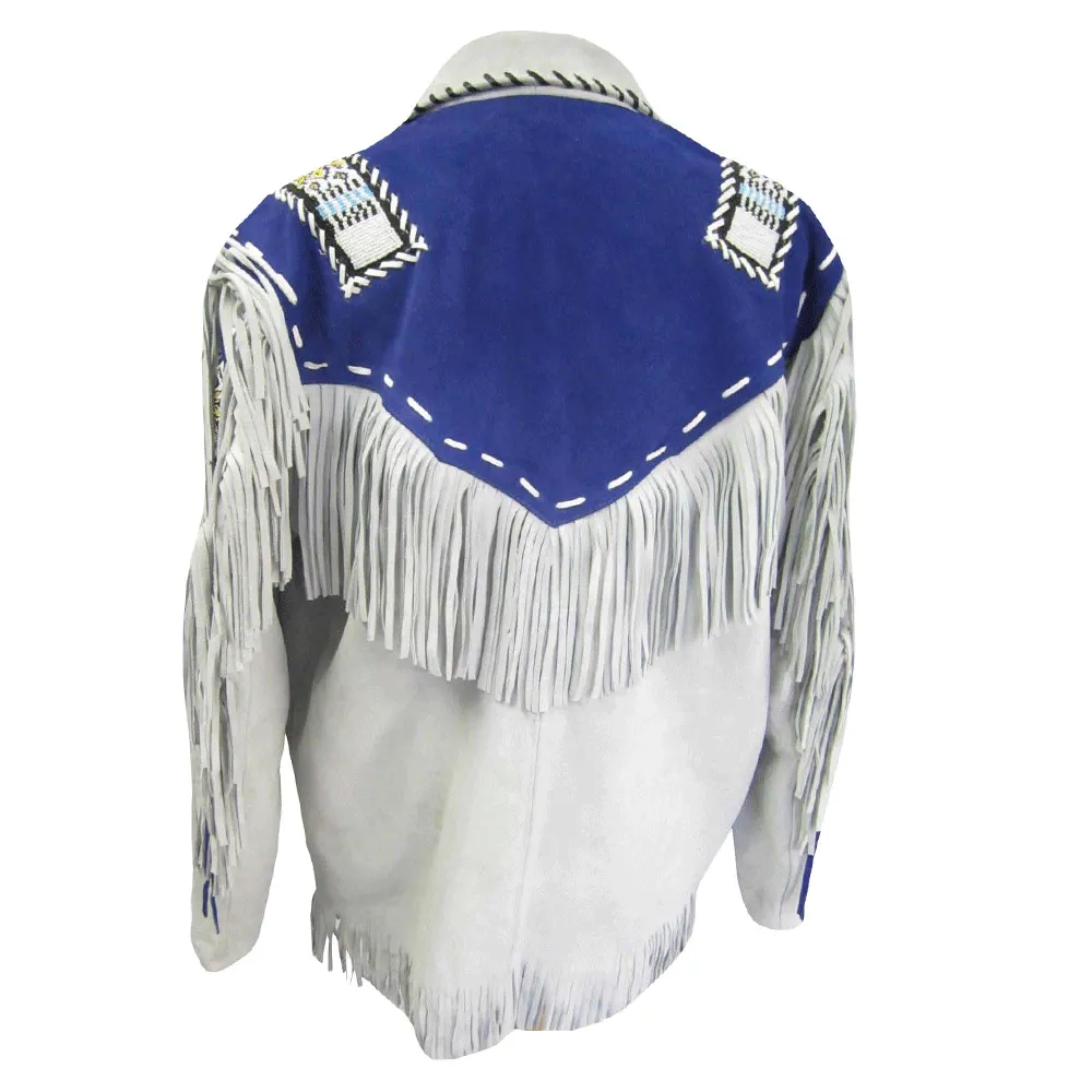 Western White Leather Fringe Beaded Jacket for Men MWJ458