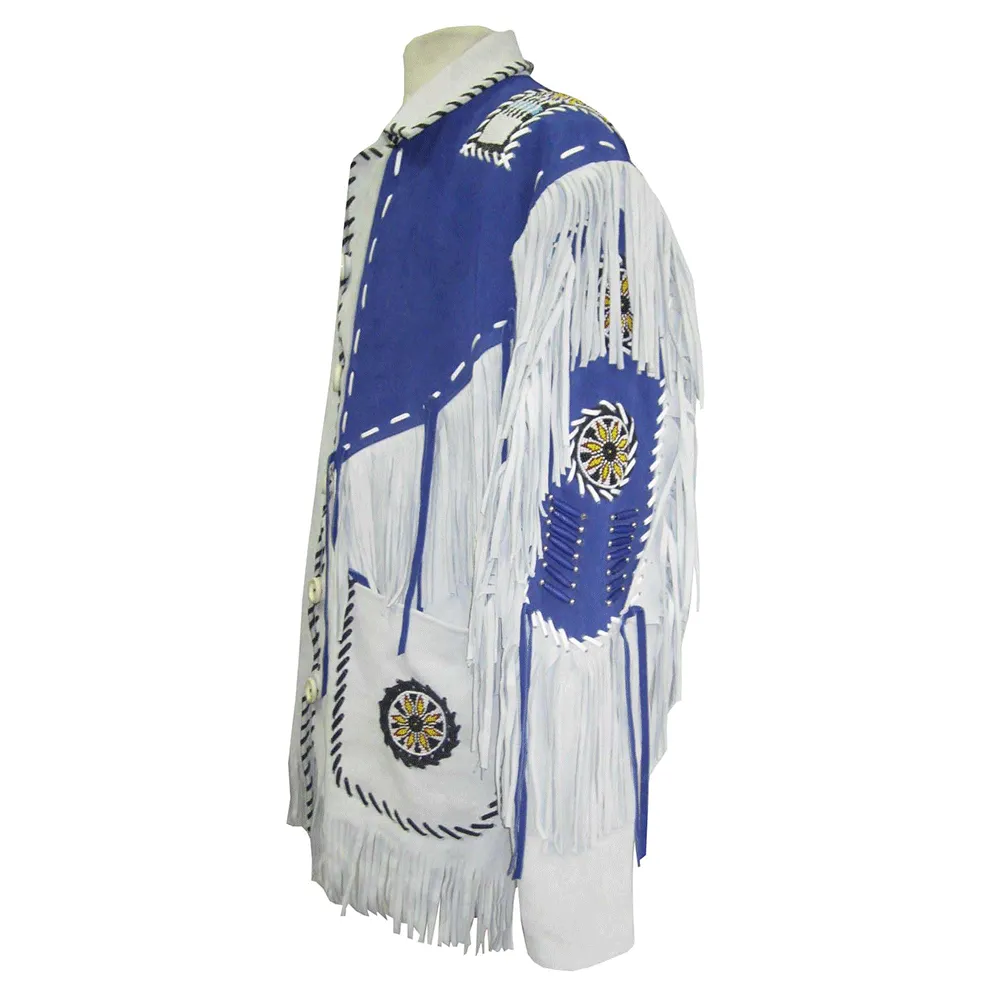 Western White Leather Fringe Beaded Jacket for Men MWJ458