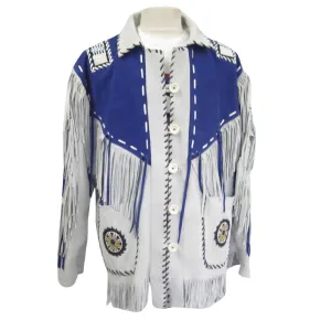 Western White Leather Fringe Beaded Jacket for Men MWJ458