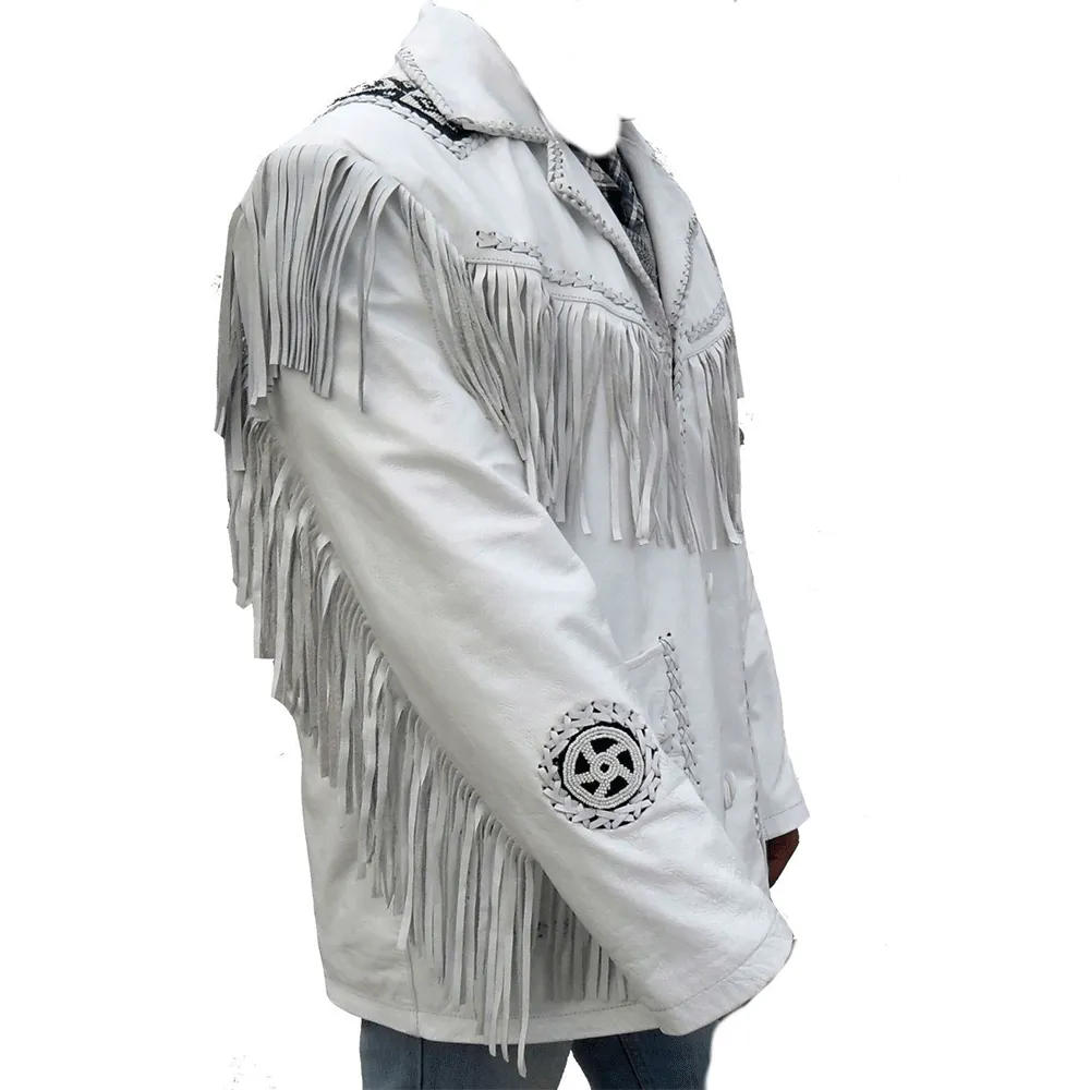 Western White Leather Fringe Beaded Jacket for Men MWJ460