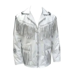 Western White Leather Fringe Beaded Jacket for Men MWJ460