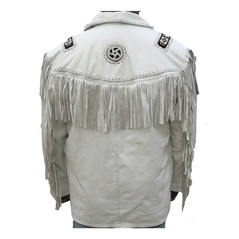 Western White Leather Fringe Beaded Jacket for Men MWJ460