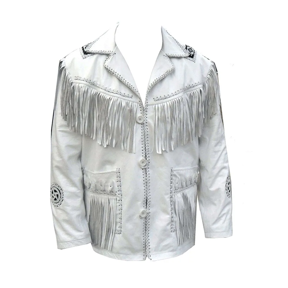 Western White Leather Fringe Beaded Jacket for Men MWJ460