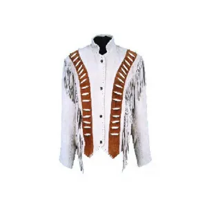 Western White Leather Fringe Bone work Jacket for Men MWJ461