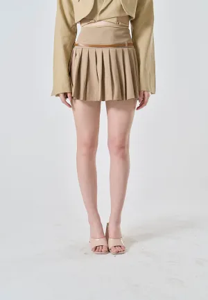 Westley Sand Beige Sashes Pleated Zipper Fly Mini Skirt