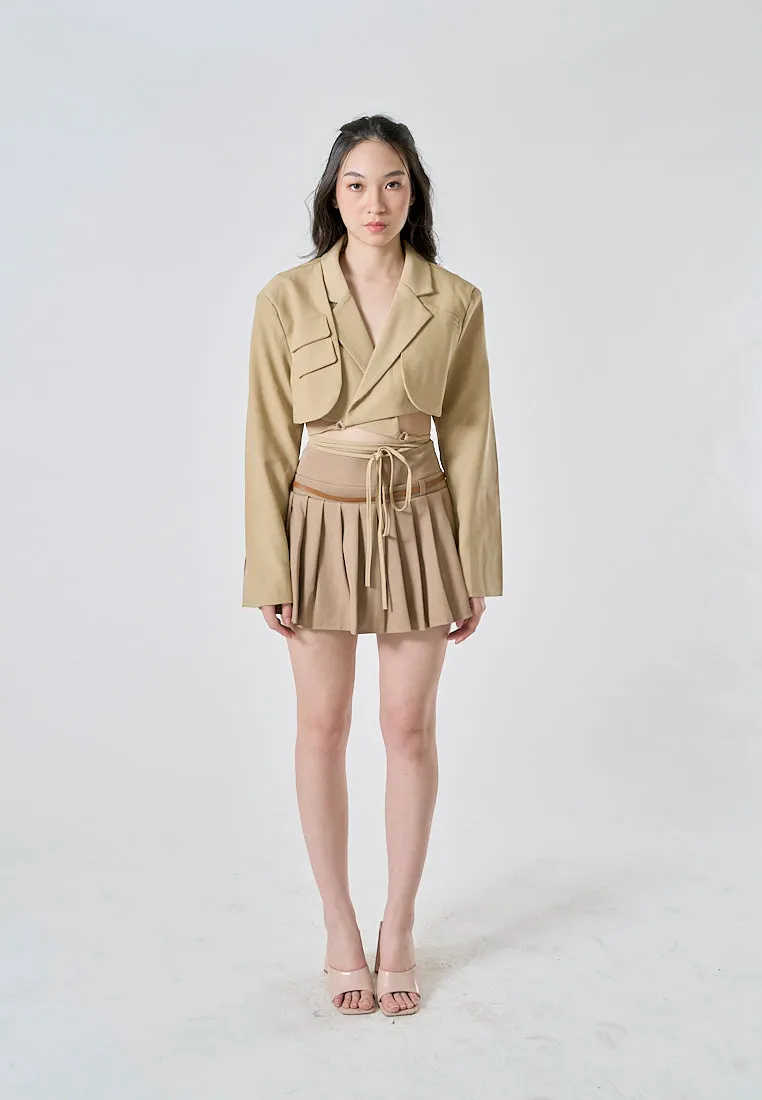 Westley Sand Beige Sashes Pleated Zipper Fly Mini Skirt