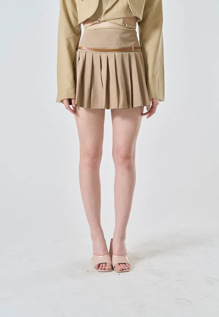 Westley Sand Beige Sashes Pleated Zipper Fly Mini Skirt