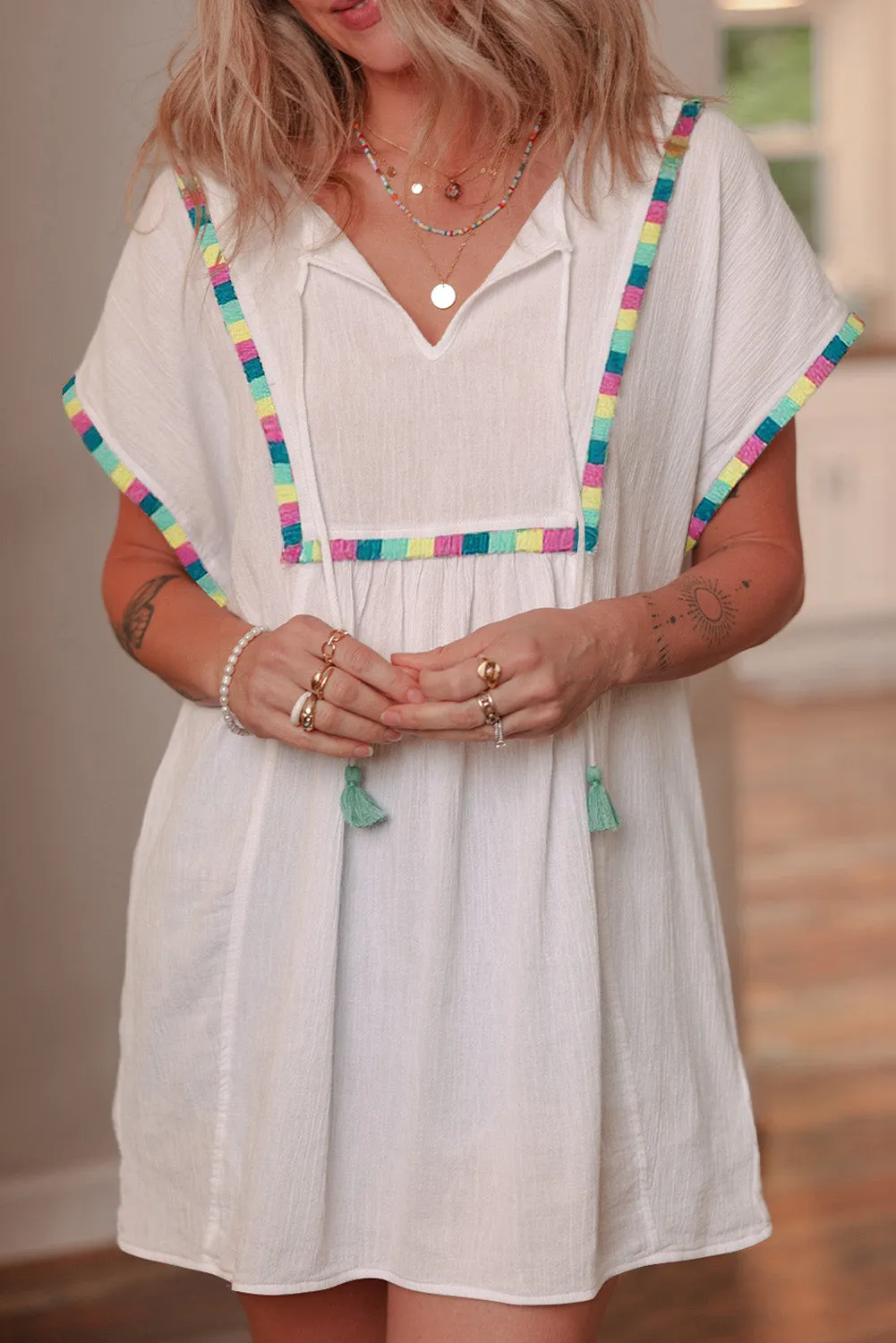 White Colorful Fringed Detail Tassel Tie Neck Short Sleeve Blouse