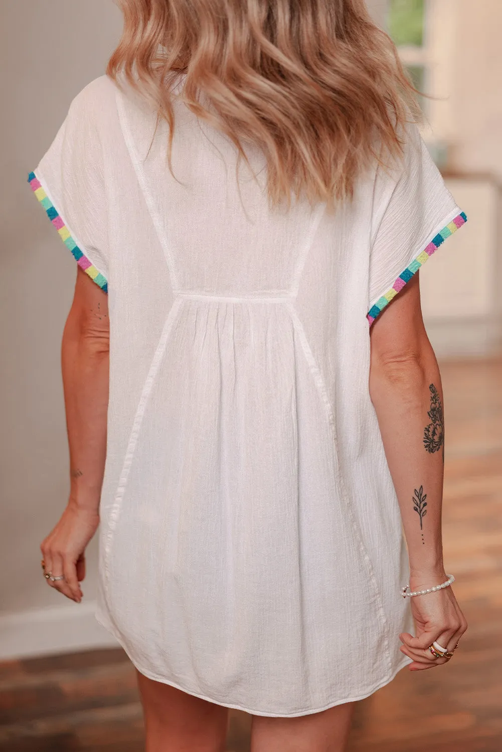 White Colorful Fringed Detail Tassel Tie Neck Short Sleeve Blouse