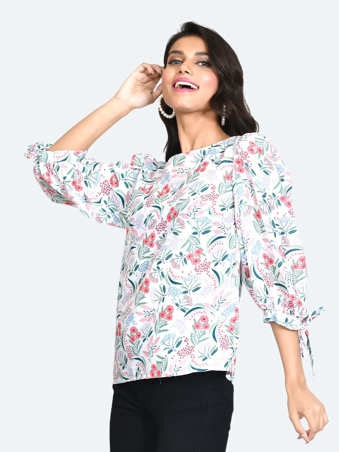 White Floral Print Tie-Up Top