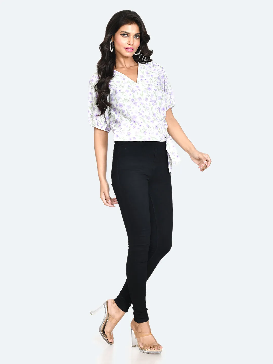 White Floral Print Tie-Up Top