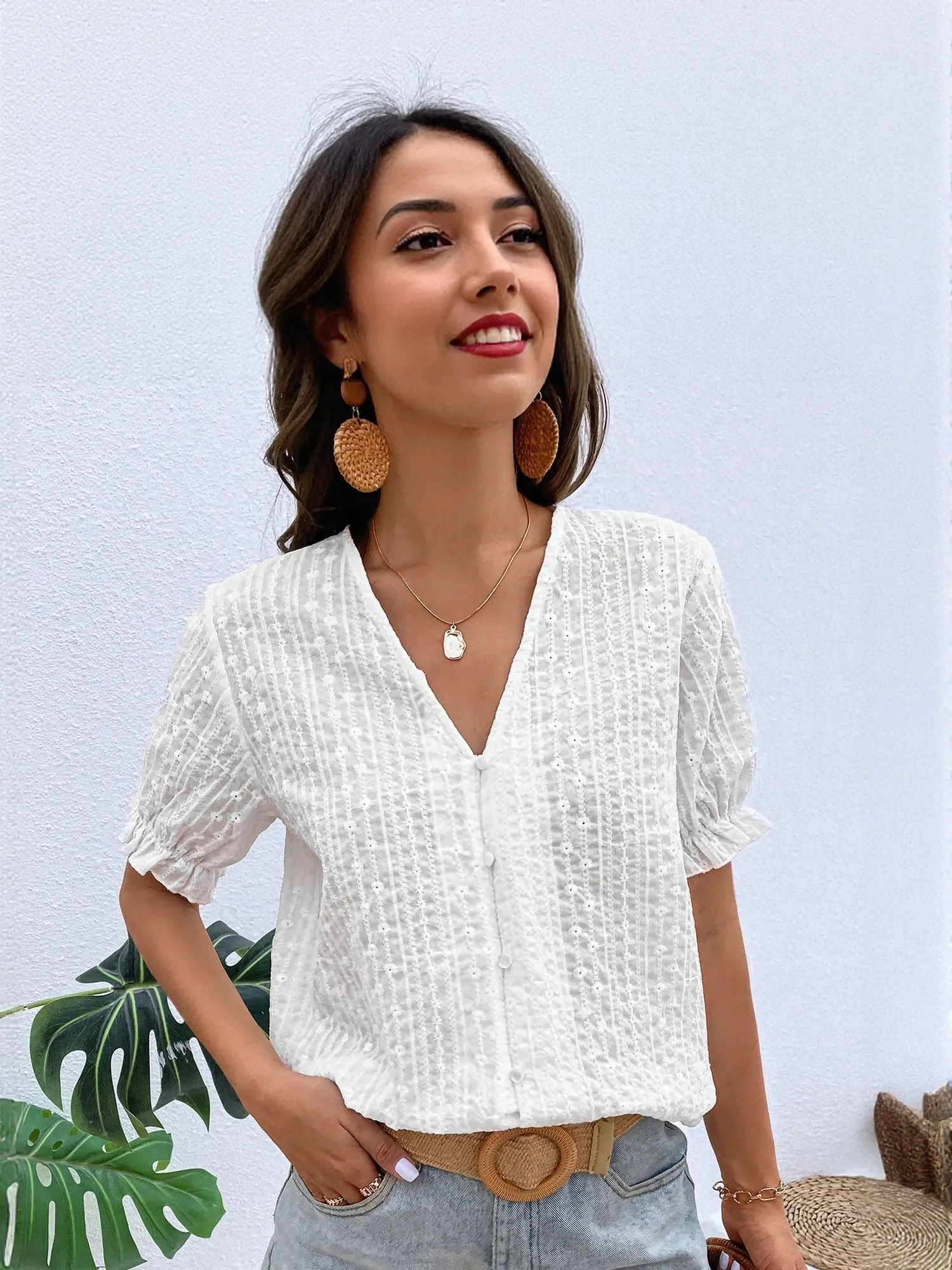 White Front Buttoned V Neck Top