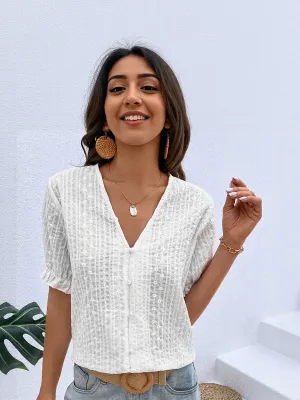 White Front Buttoned V Neck Top