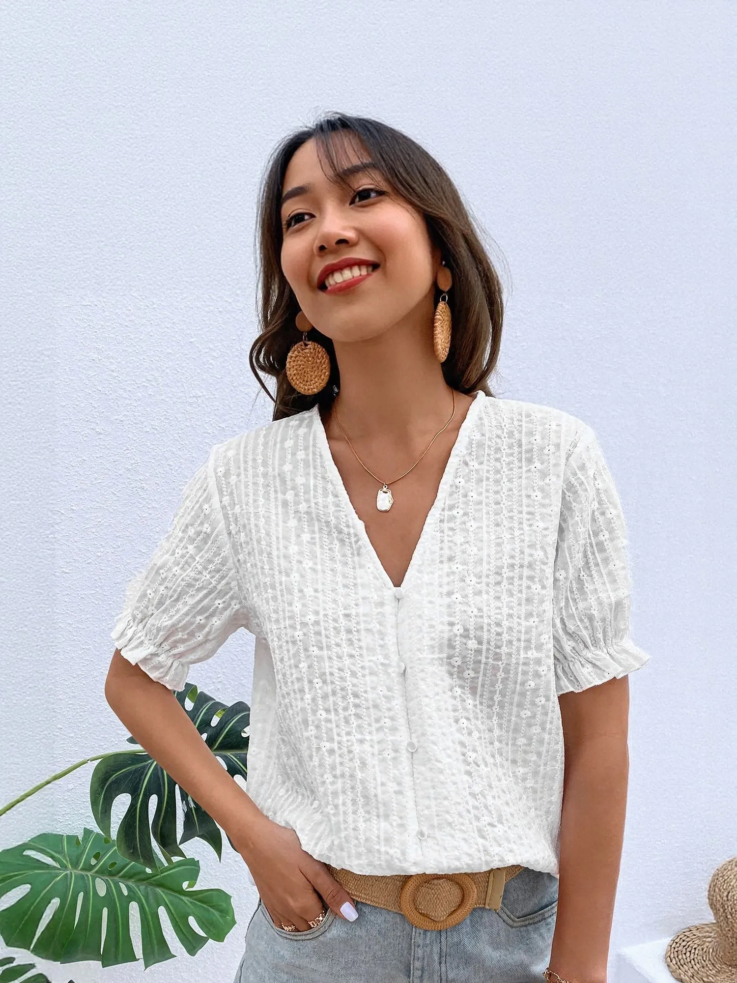 White Front Buttoned V Neck Top