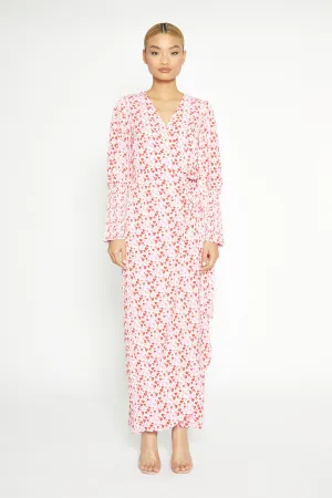 White-Red-Pink-Floral Wrap Maxi Dress