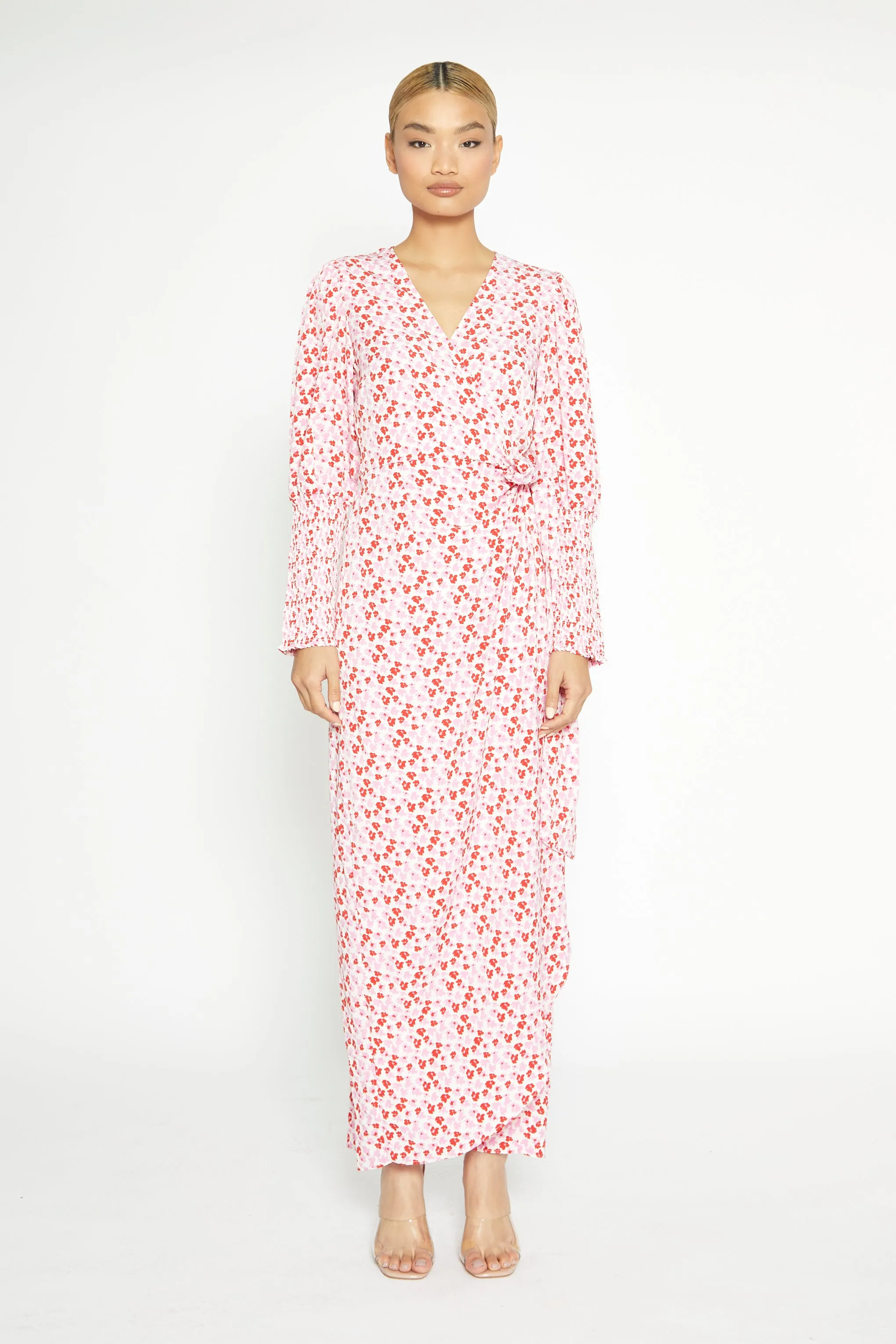 White-Red-Pink-Floral Wrap Maxi Dress