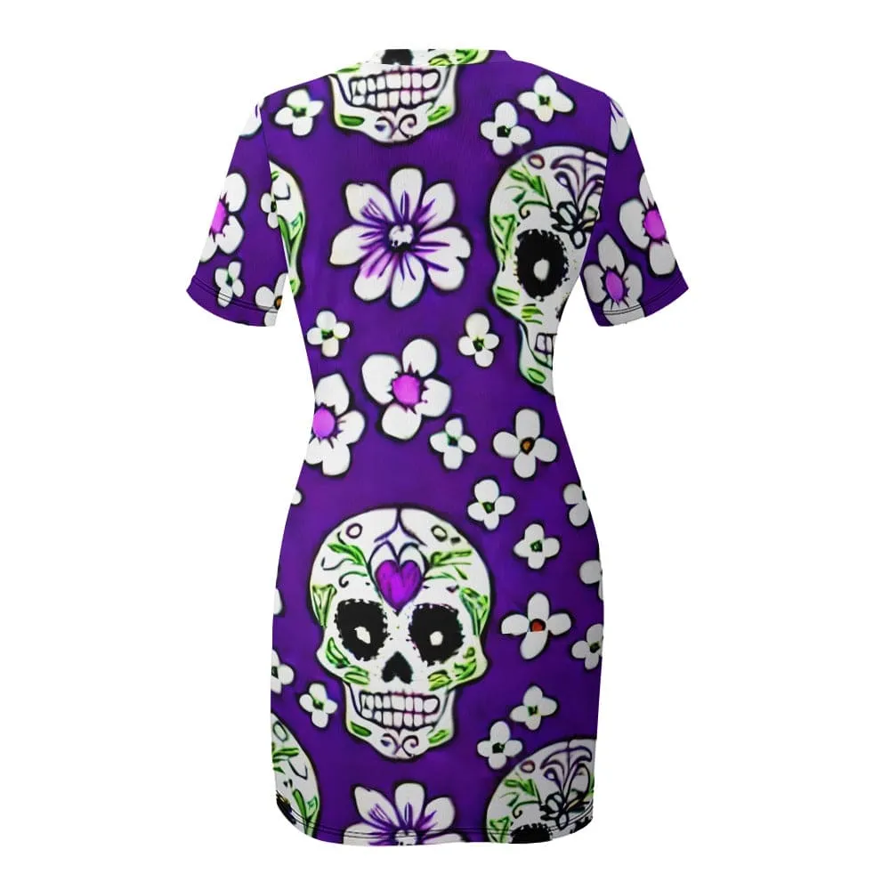White Sugar Skulls And Flowers Crew Neck Short Sleeve Dress