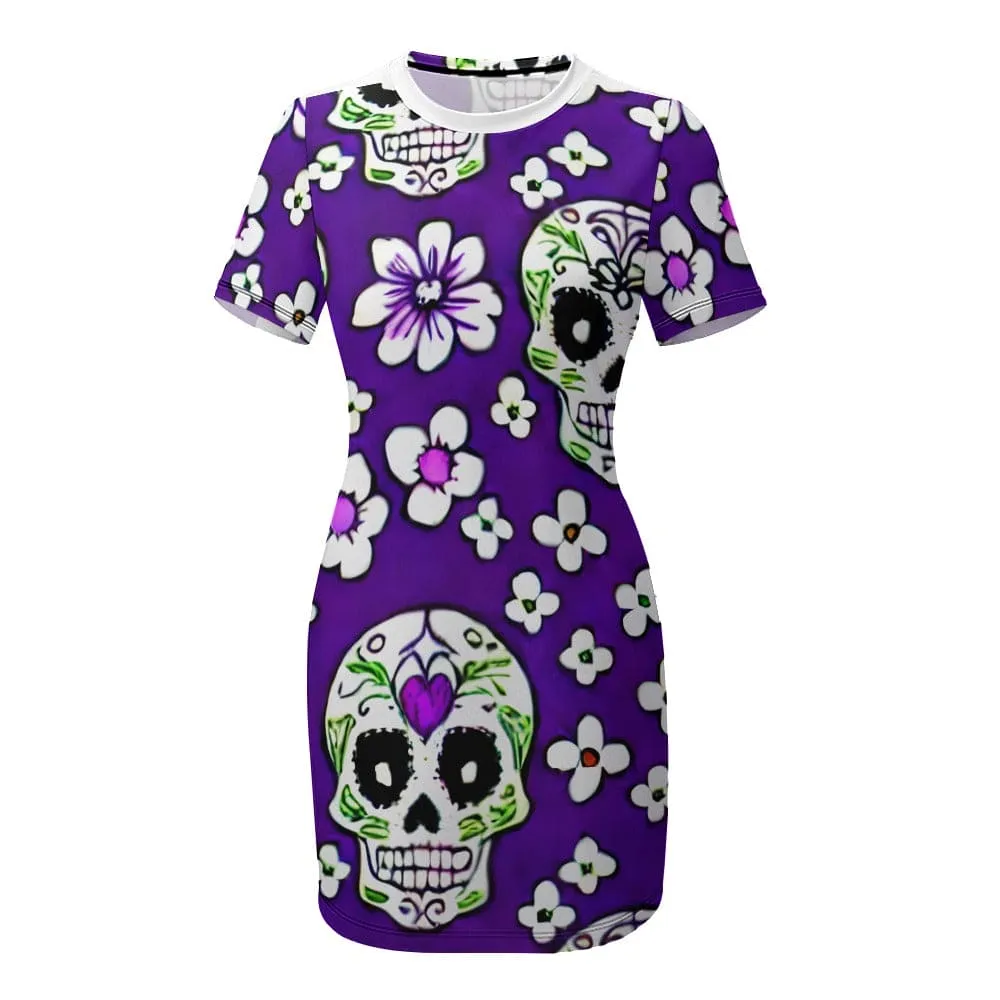 White Sugar Skulls And Flowers Crew Neck Short Sleeve Dress