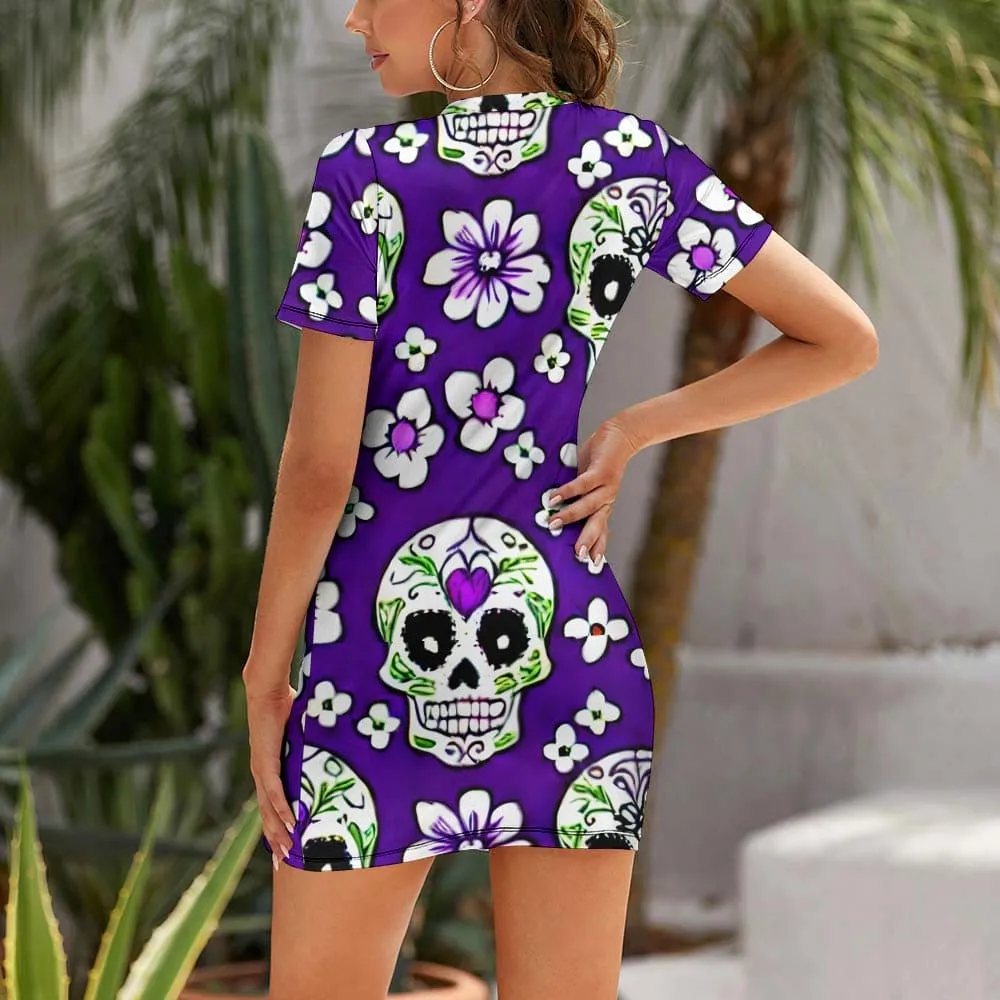 White Sugar Skulls And Flowers Crew Neck Short Sleeve Dress