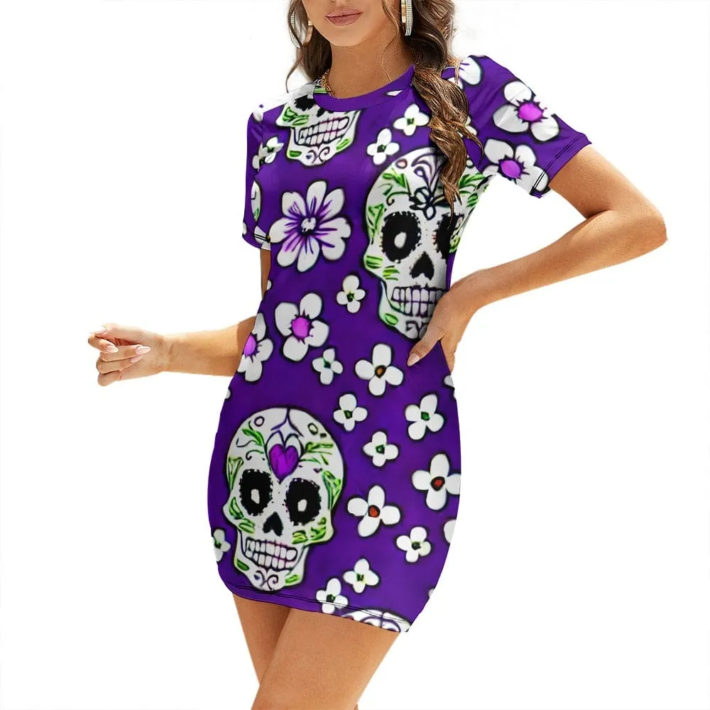 White Sugar Skulls And Flowers Crew Neck Short Sleeve Dress