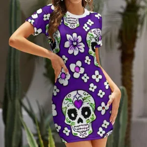 White Sugar Skulls And Flowers Crew Neck Short Sleeve Dress