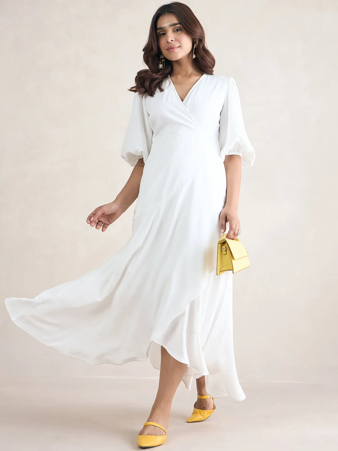 White Wrap Ruffle Maxi Dress