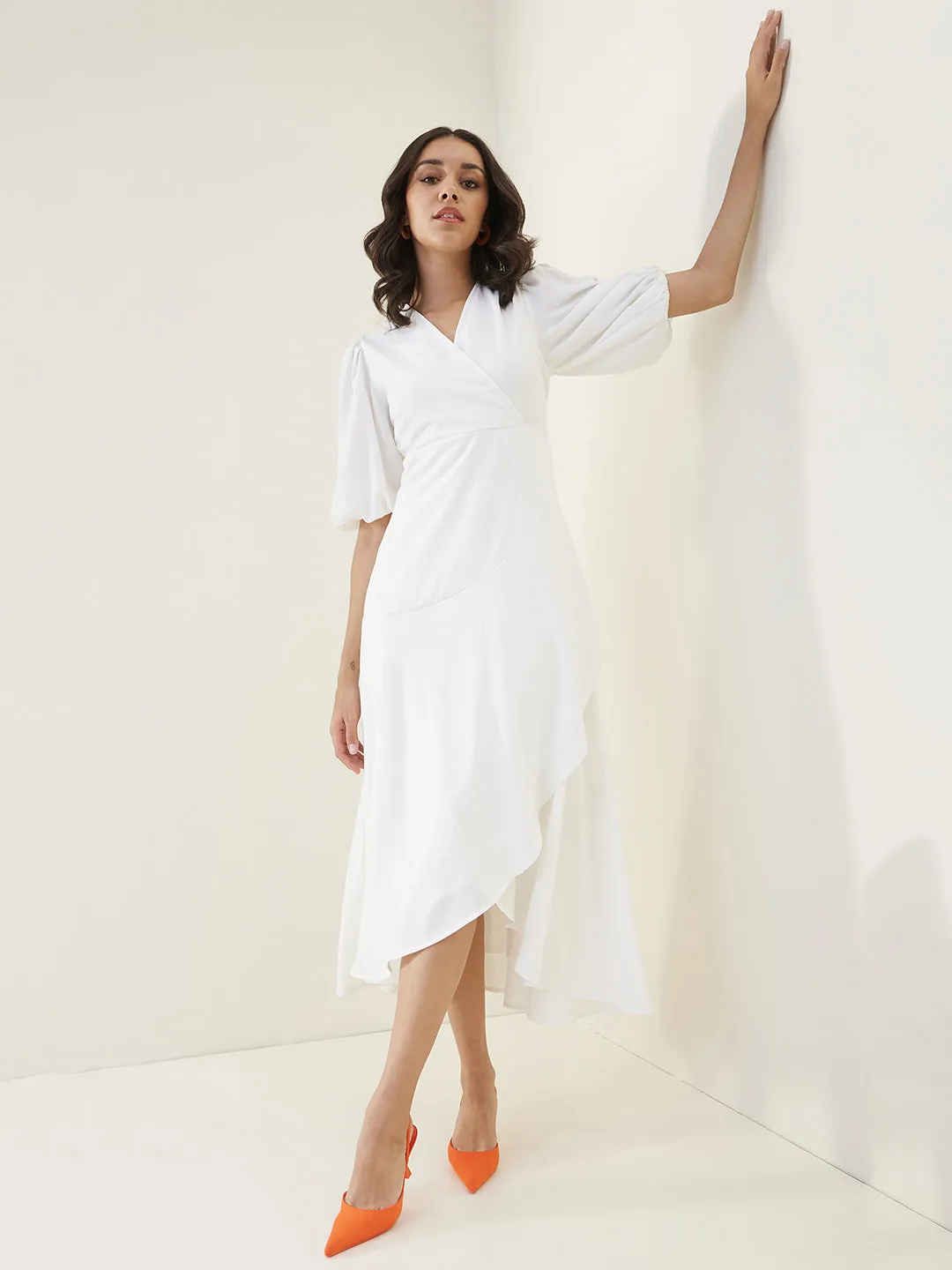 White Wrap Ruffle Maxi Dress