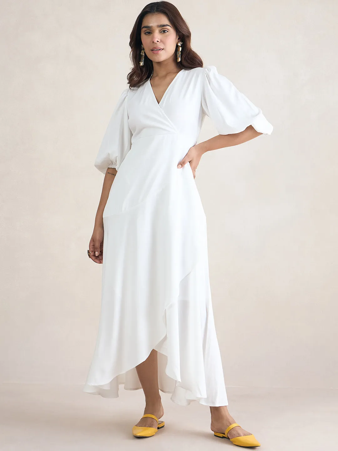 White Wrap Ruffle Maxi Dress
