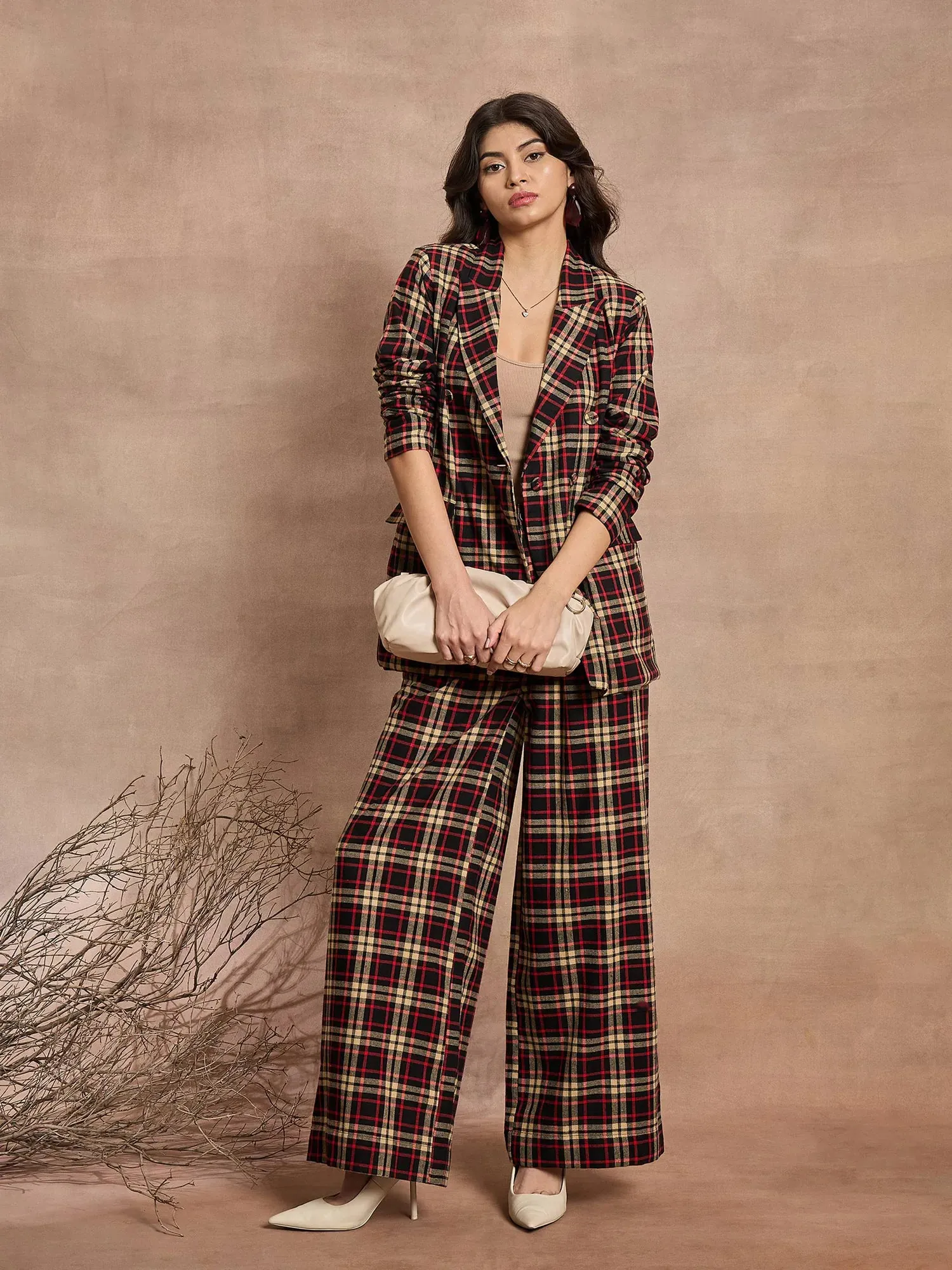 Women Black & Beige Check High Rise Wide Leg Pants-SFPANT50974