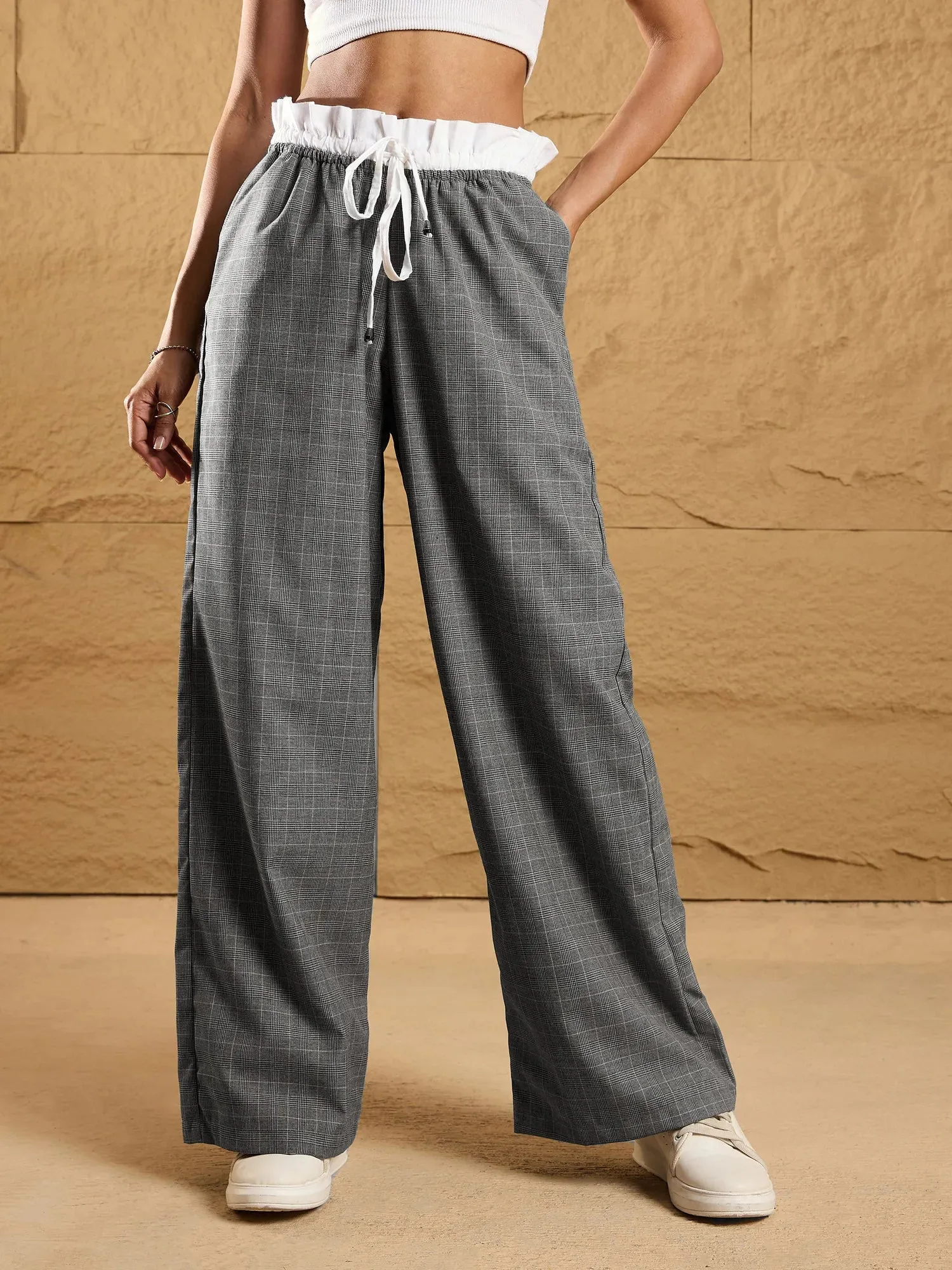 Women Black & Grey Check Contrast Paperback Waist Pants-SFPANT50840