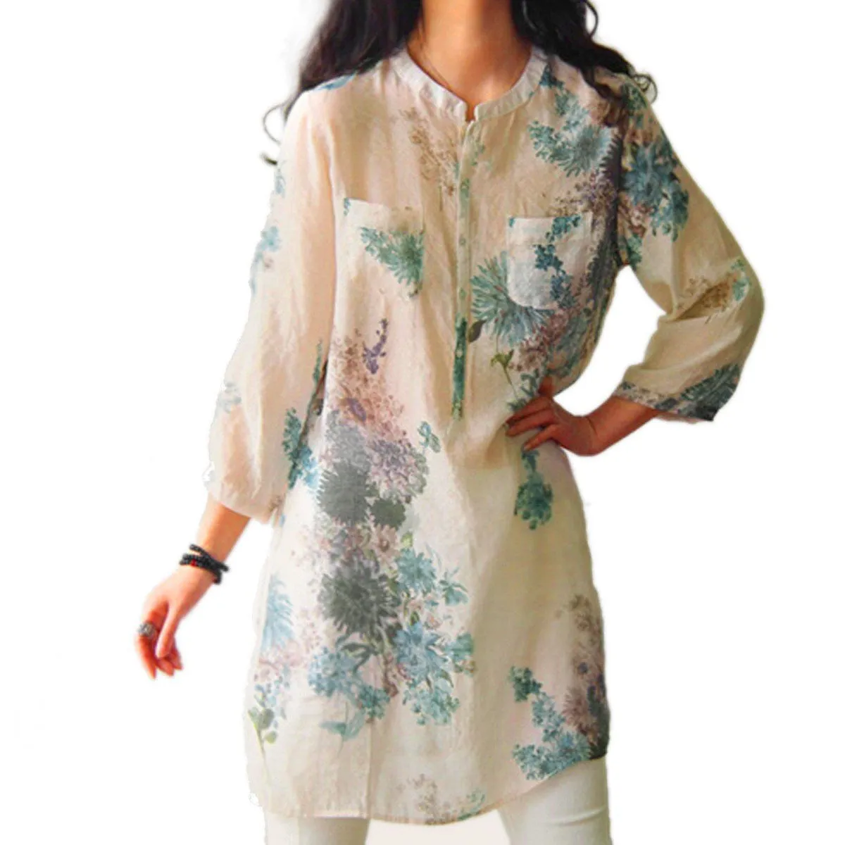 Women Blouses Fashion Linen Blouse Button Casual Floral Print Long Tops Shirts Plus Size M-5XL