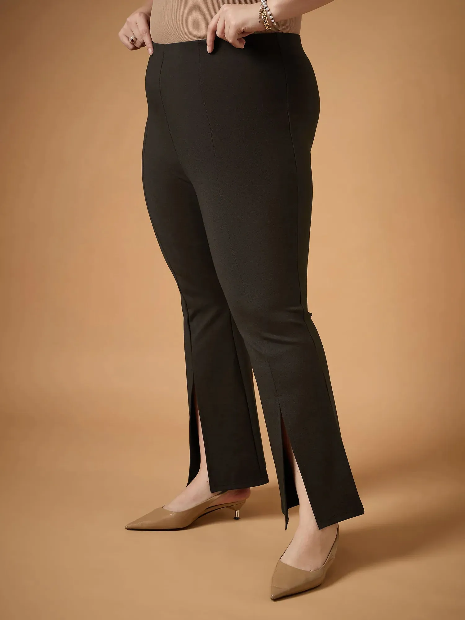 Women Brown Front Slit Detail Bell Bottom Pants-SFPANT50942
