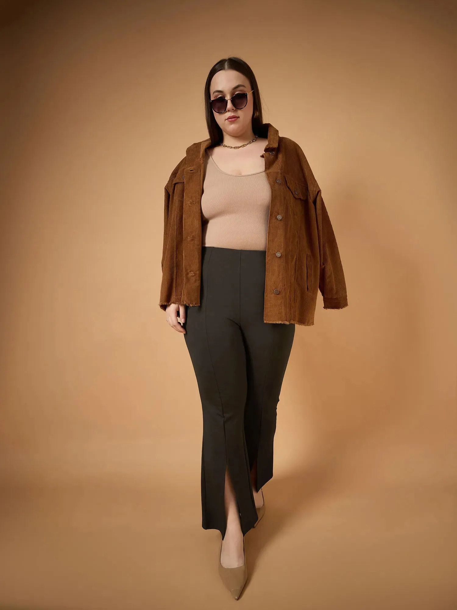 Women Brown Front Slit Detail Bell Bottom Pants-SFPANT50942