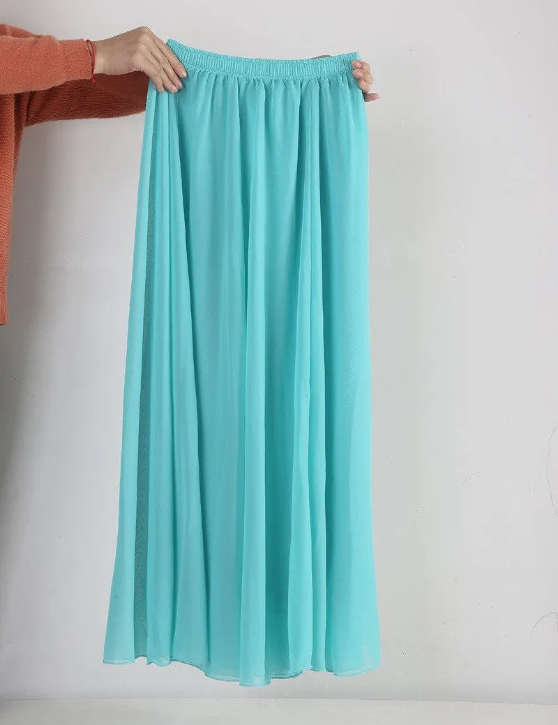 Women Chiffon Long Skirts Candy Color Pleated Maxi Skirts Spring Summer Skirts