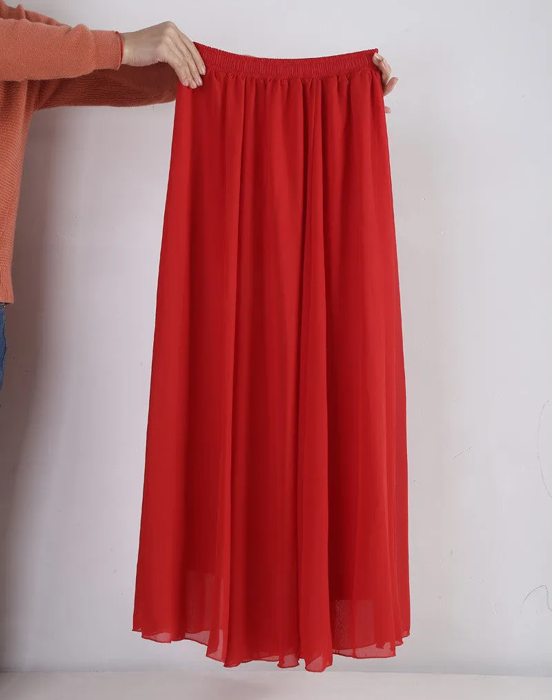 Women Chiffon Long Skirts Candy Color Pleated Maxi Skirts Spring Summer Skirts
