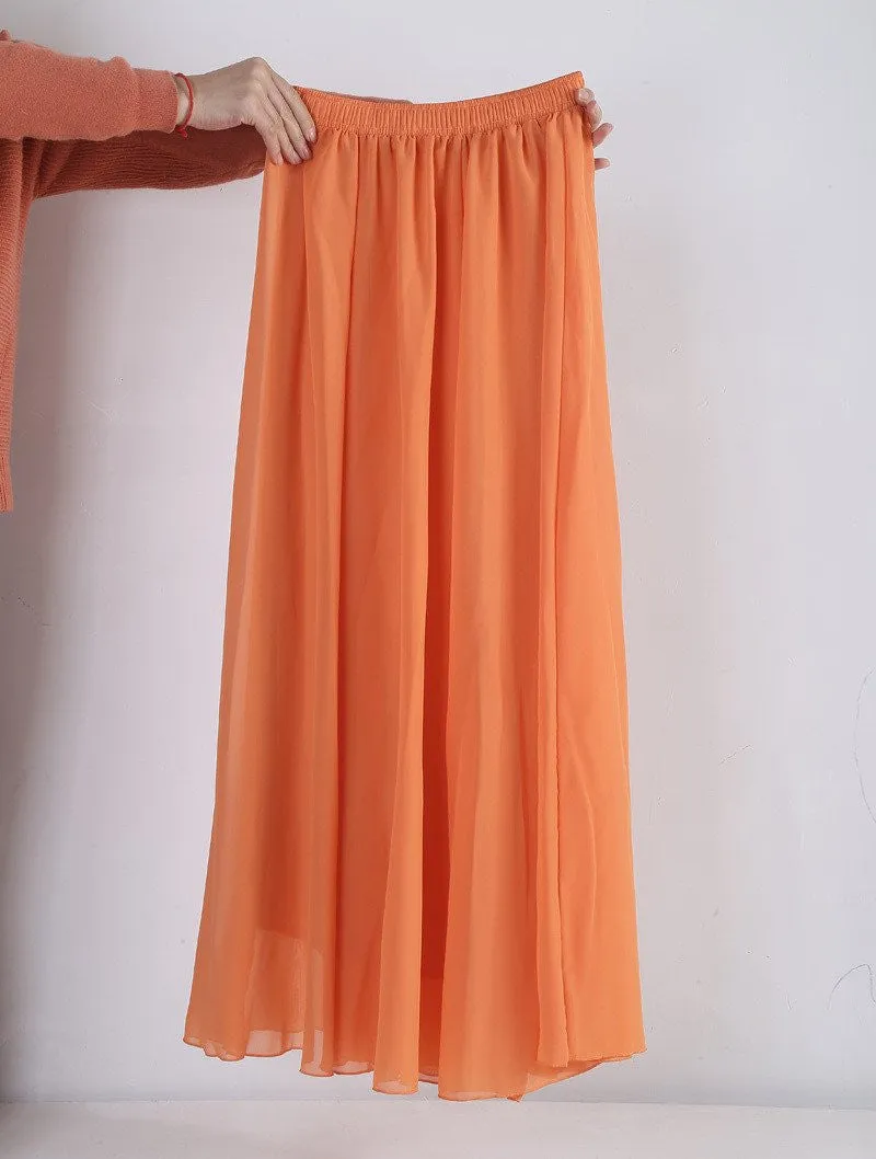 Women Chiffon Long Skirts Candy Color Pleated Maxi Skirts Spring Summer Skirts
