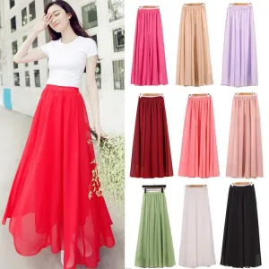 Women Chiffon Long Skirts Candy Color Pleated Maxi Skirts Spring Summer Skirts