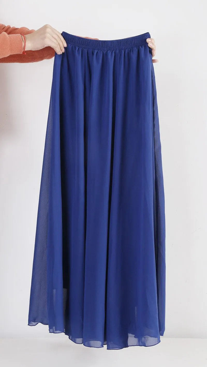 Women Chiffon Long Skirts Candy Color Pleated Maxi Skirts Spring Summer Skirts