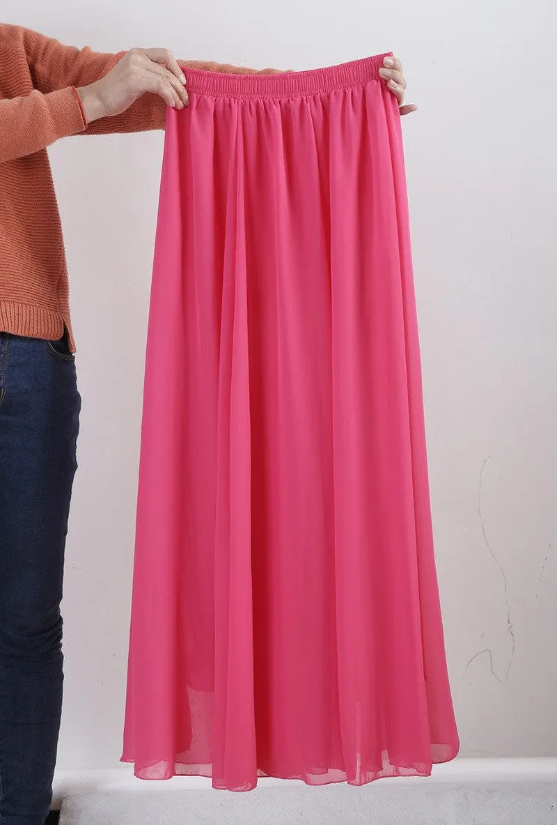 Women Chiffon Long Skirts Candy Color Pleated Maxi Skirts Spring Summer Skirts