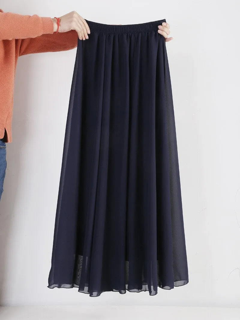 Women Chiffon Long Skirts Candy Color Pleated Maxi Skirts Spring Summer Skirts